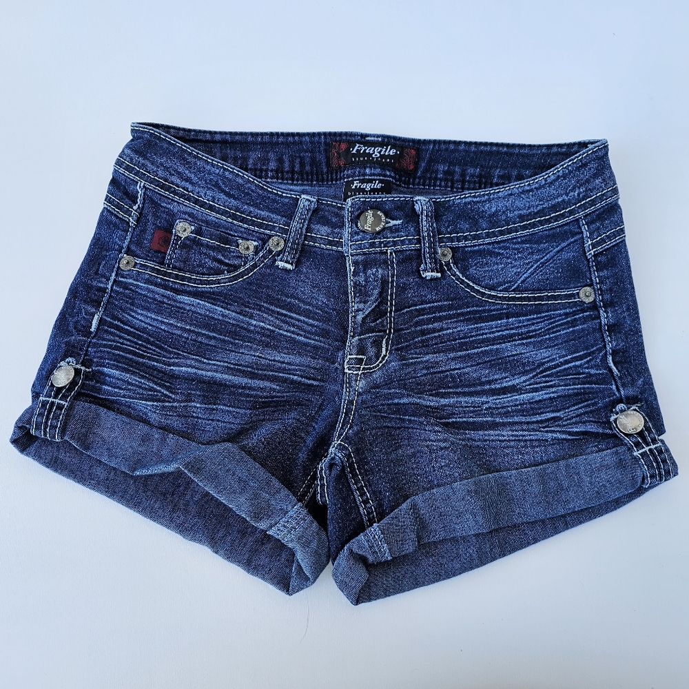 Fragile Blue Jeans Roll-up Stretch Shorts Women Size M 5